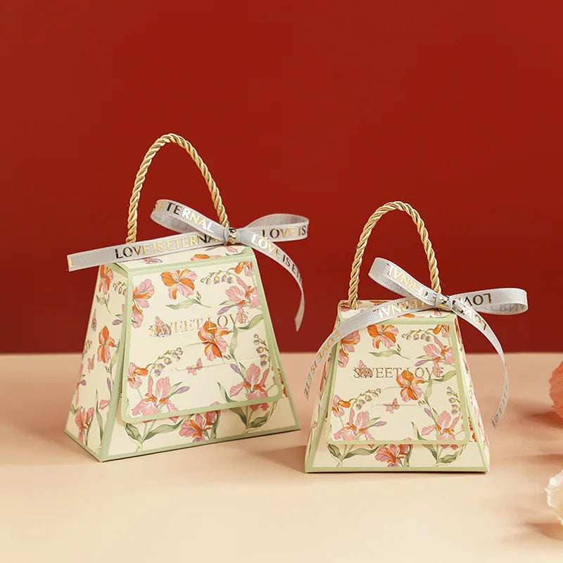 Wedding Candy Box Bow Ribbon Printing Flower Chocolate Cookie Party Supplies Gift Bag Kraft Paper Gift Packaging Box With Handle Oasis Select Green-L Other