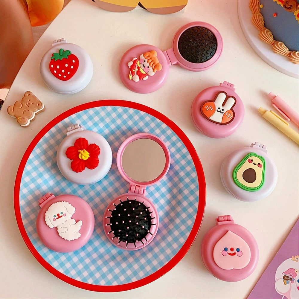 2-in-1 Macaron Heart Folding Makeup Mirror & Airbag Comb Folding Makeup Mirror Oasis Select