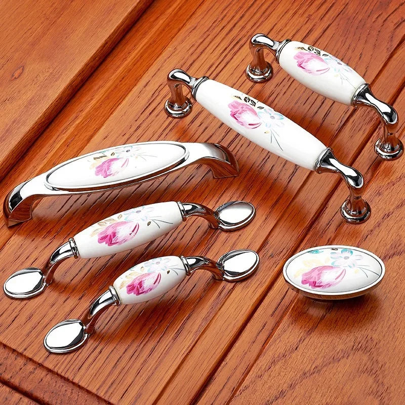 Tulip Ceramic Door Handle Silver Drawer Pulls Vintage Flower Cupboard Kitchen Cabinet Handles and Knobs Furniture Hardware Oasis Select