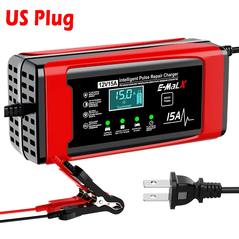 12V 15A Smart Pulse Repair Charger 14.6V Lifepo4 Battery Charger Digital Display Battery Charger For Lead Acid AGM GEL Battery Oasis Select US Plug