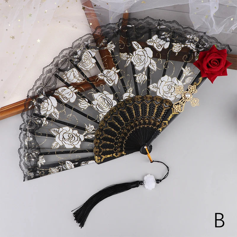 Ladies Lace Folding Hand Fan with Tassels | Wedding & Dance