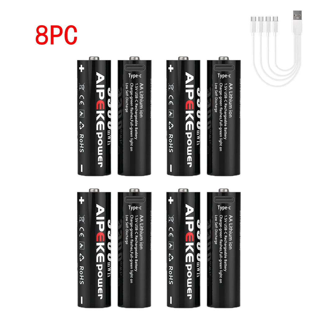 AIPEKE USB Aa rechargeable batteries 3300mWh aa lithium rechargeable batteries 1.5v for Hunting Camera Remote Control Mouse Oasis Select USB AA 3300MWH 8PC 1.5V