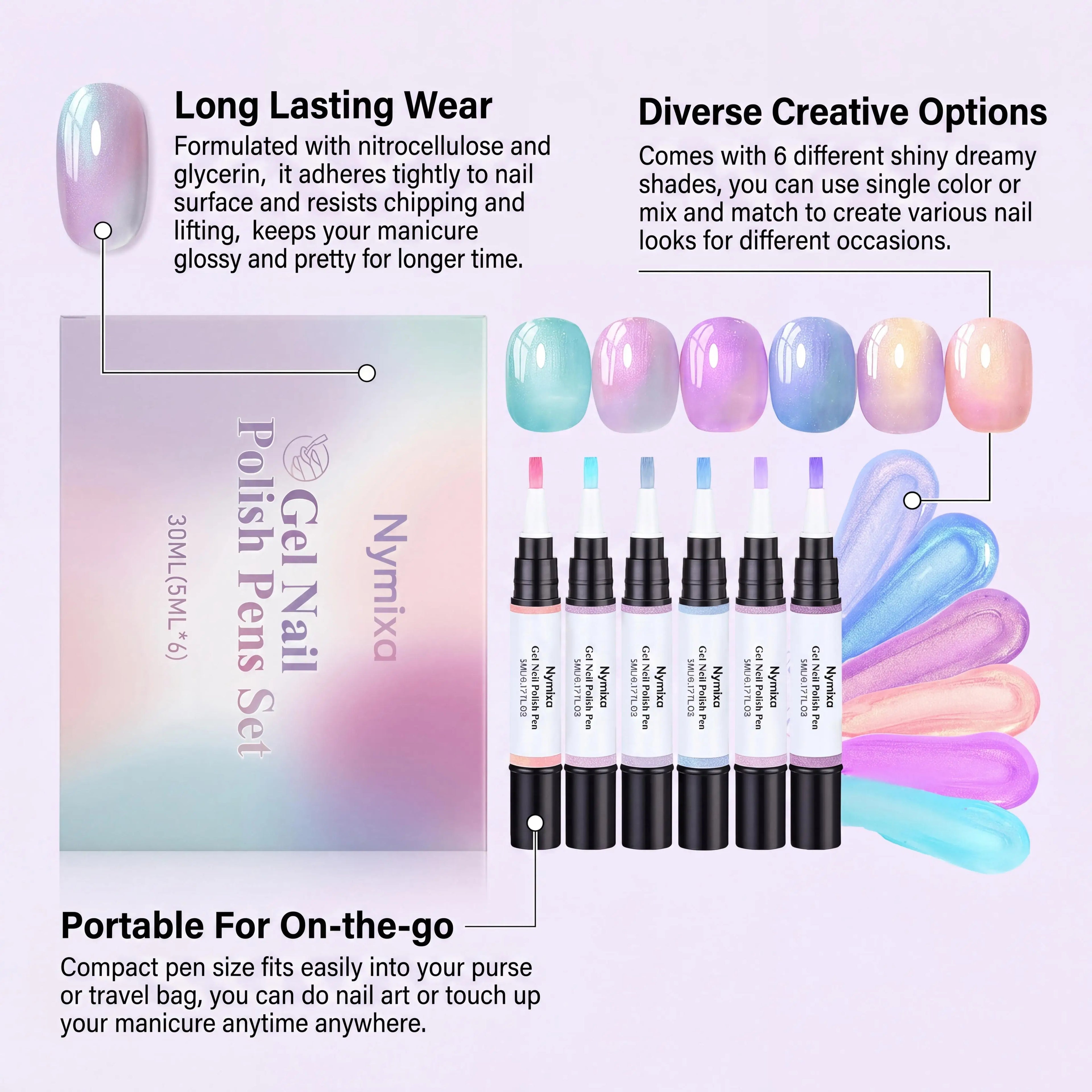 Macaron Pearlescent Nail Polish Pen Set – 6pc DIY Gel Manicure Nail Gel Polish Set Oasis Select