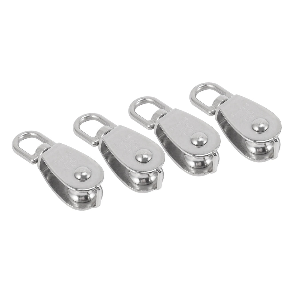 LIKE WISH 4PCS Single Pulley Block M15 Stainless Steel Small Pulley Roller For Rope Cord In Outdoor 360°Swivel Silver Pulley Oasis Select Default Title