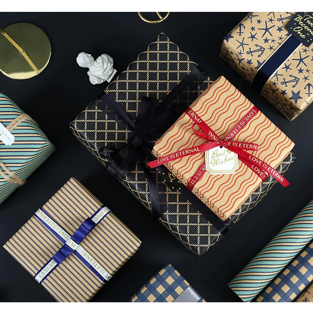70x50cm Retro Gift Wrapping Paper Blue Grid Wave Sea Star Pattern Bouquet Packaging Paper Men Birthday Gift Packaging Paper Oasis Select
