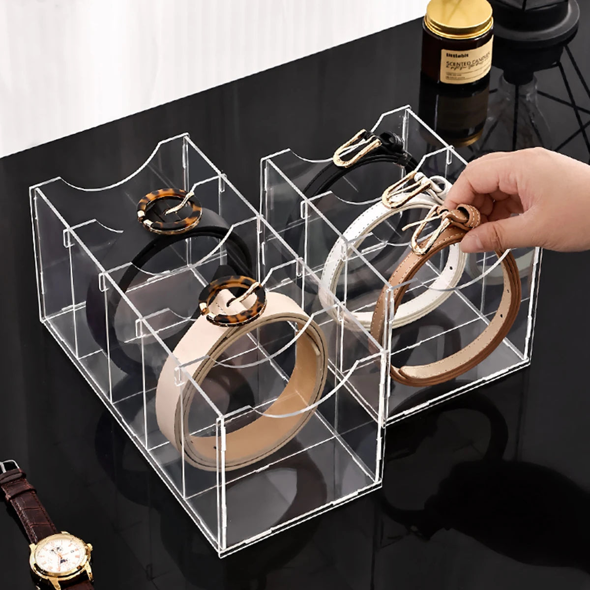1pc Transparent belt storage box, assembled version, suitable for belts, ties, neckties, wardrobe organizing and storage rack Oasis Select