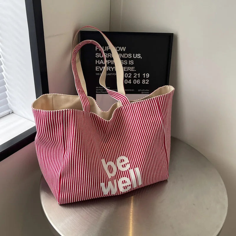 Large Capacity Tote Double-sided New Striped Casual Single Shoulder Textured Embroidered Canvas Bag for Students Oasis Select