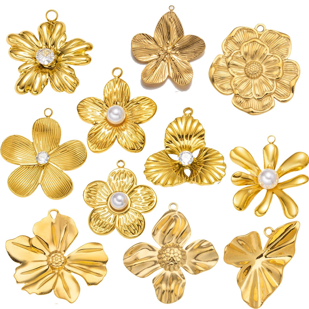 5pcs Gold Stainless Steel Flower Charms Metal Pearl Pendant for DIY Necklace Bracelet Jewelry Making and Crafting Wholesale Bulk Oasis Select
