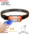 LED Sensor Headlamp Rechargeable Head Torch Built-in Battery Head Flashlight for Outdoor Camping Fishing Headlight Lantern Oasis Select sensor-orange-1PC
