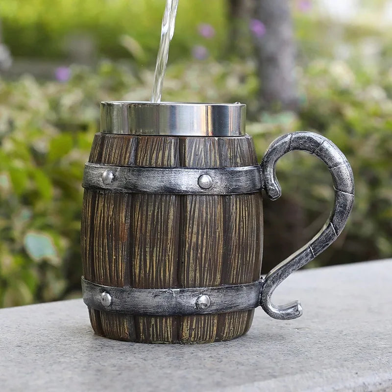 Wooden Barrel Beer Cup Stainless Steel Coffee Mug Viking Style Vintage Beer Mug Double Wall Drinking Cup Halloween Bar Drinkware Oasis Select