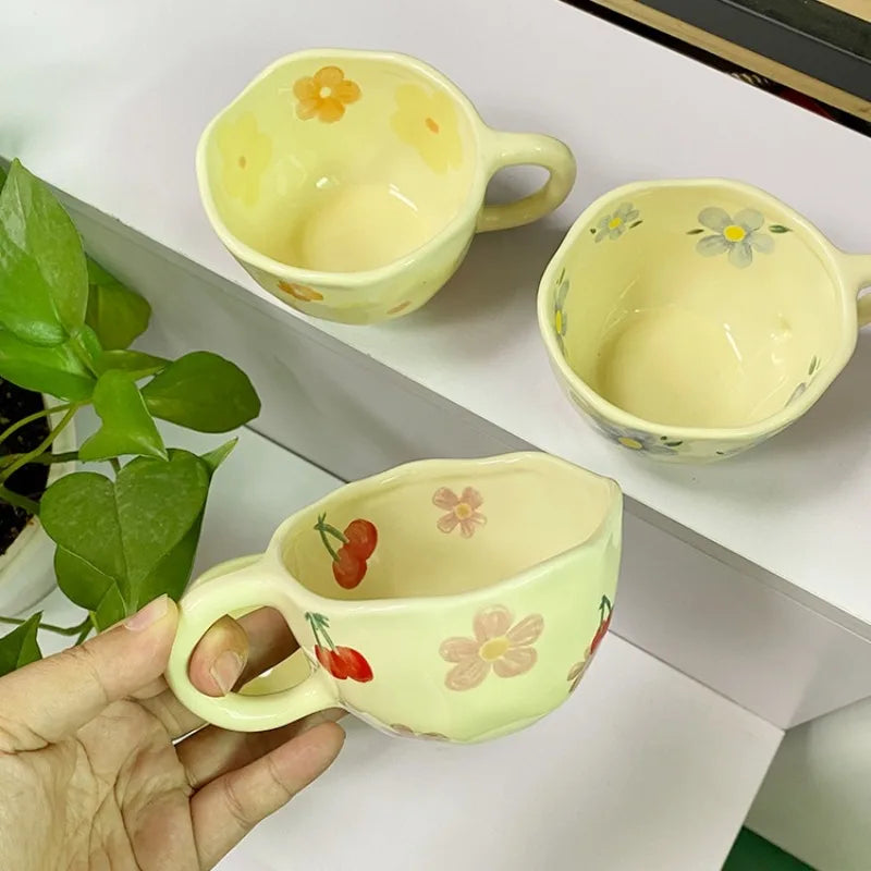 Ceramic Mugs Irregular Flower Coffee Milk Yellow Hand Pinched Cups Cute Korean Style Oat Breakfast Juice Black Tea Kawaii Cup Oasis Select