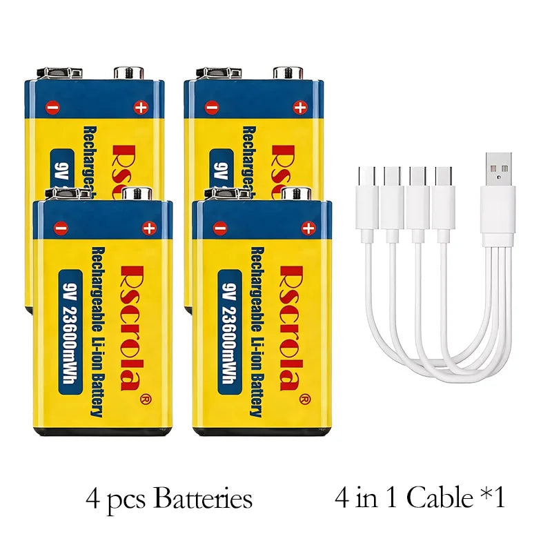 Long-Lasting 9V Lithium ion Rechargeable Battery 23600mWh High Capacity for Guitar Microphone Smoke Detector Pedal with Cable Oasis Select 4 PCS Batteries