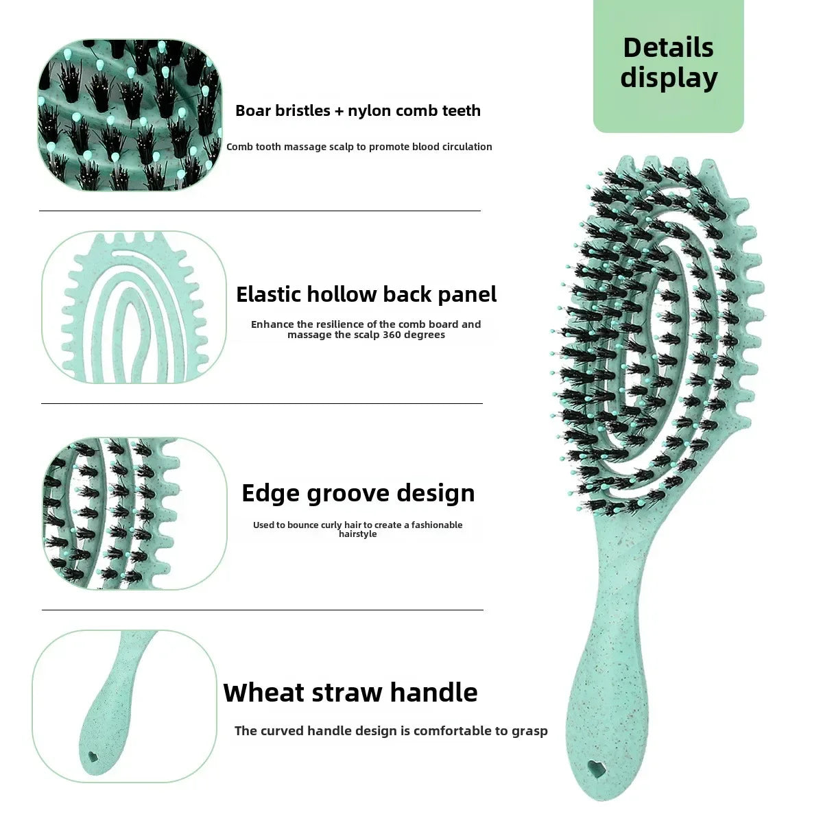 Curls Define Styling Brush Tangled Boar Bristle Hair Comb Anti Detangling Hair Styling Tool Hollow Out Wet Dry Dual Purpose Comb Oasis Select