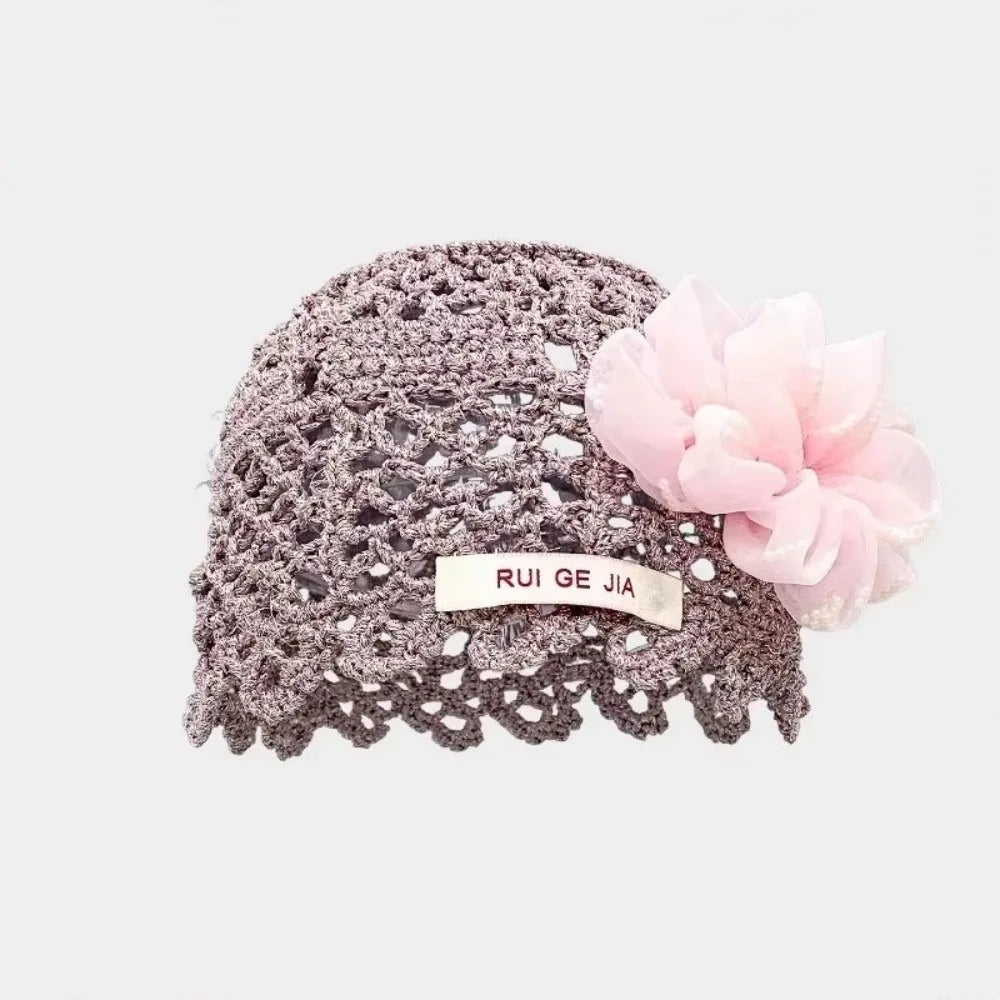 French Breathable Hollow Pullover Hats 3D Flower Hollow Out Beanies Cap Knitted Hat Summer Oasis Select Light Purple