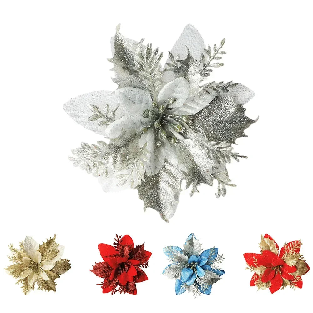 Christmas Poinsettia Glitter Flower Hanging Xmas Party Tree Decoration Xmas Tree Ornament Home Decoration Navidad New Year Oasis Select
