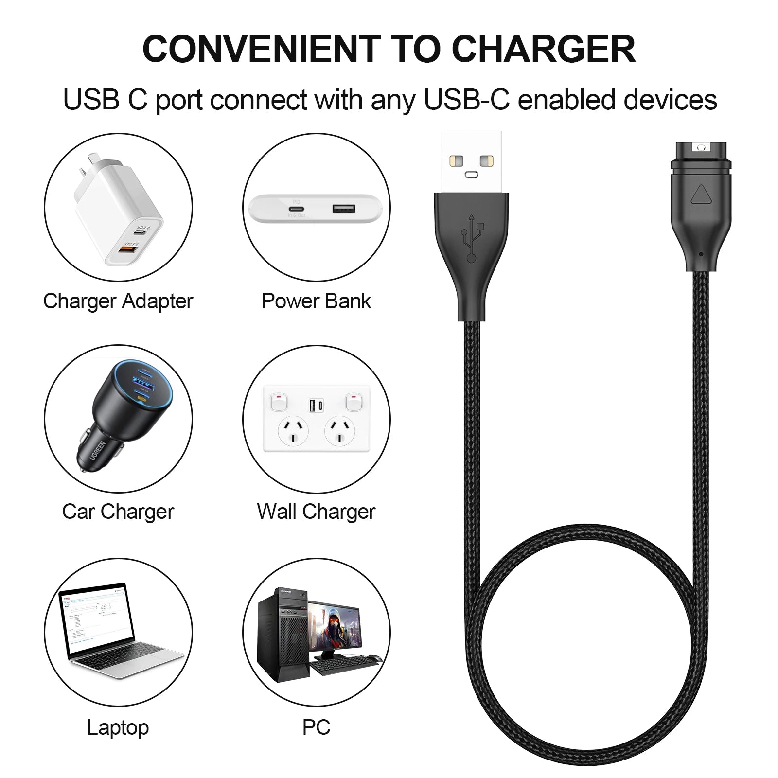 USB-C Charging Cable for Garmin Fenix 7 6 5, Forerunner & Vivoactive Smartwatch Charging Cable Oasis Select