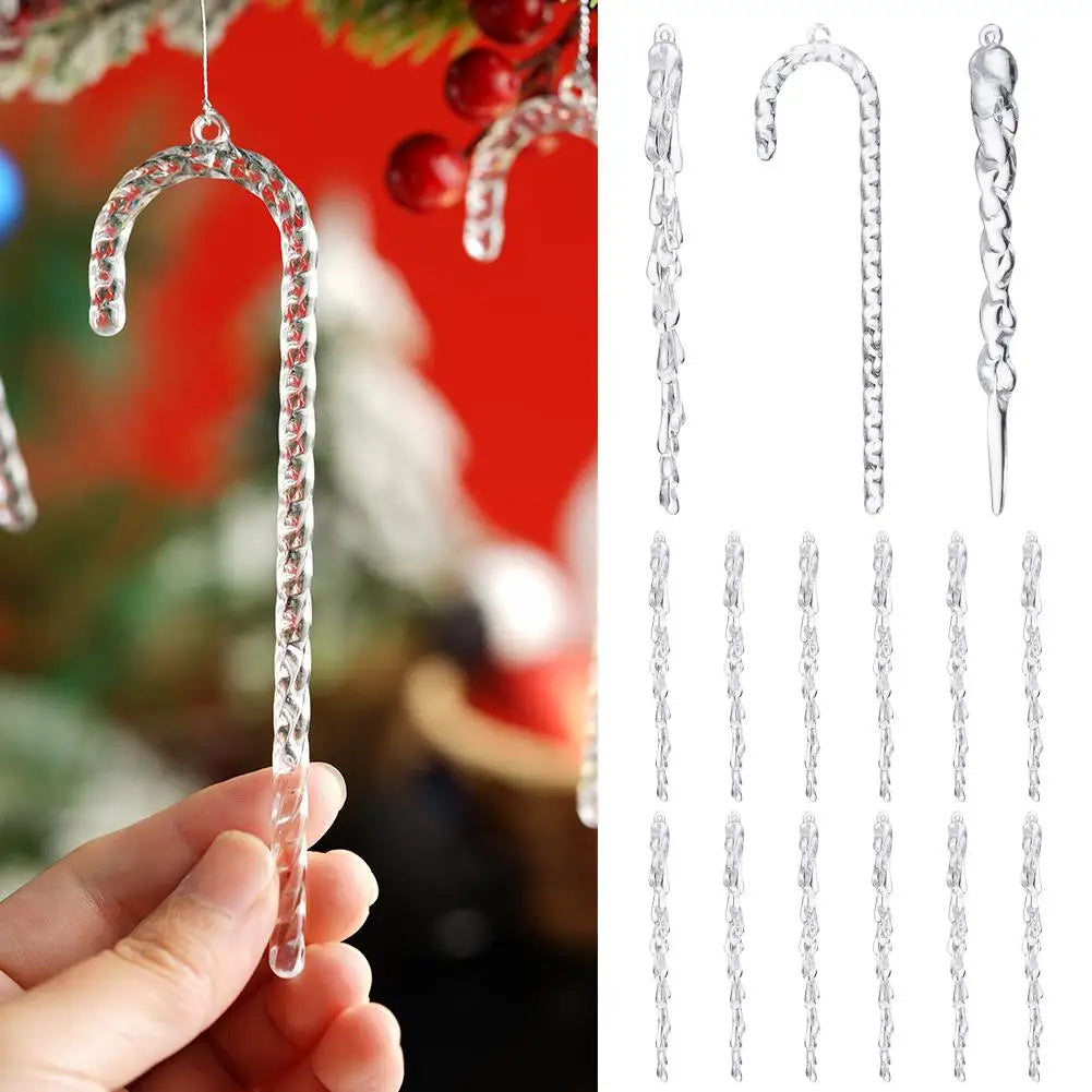 12pcs Acrylic Simulation Ice Xmas Tree Hanging Clear Fake Icicle Pendant Ornament Merry Christmas Party Decoration New Year Oasis Select