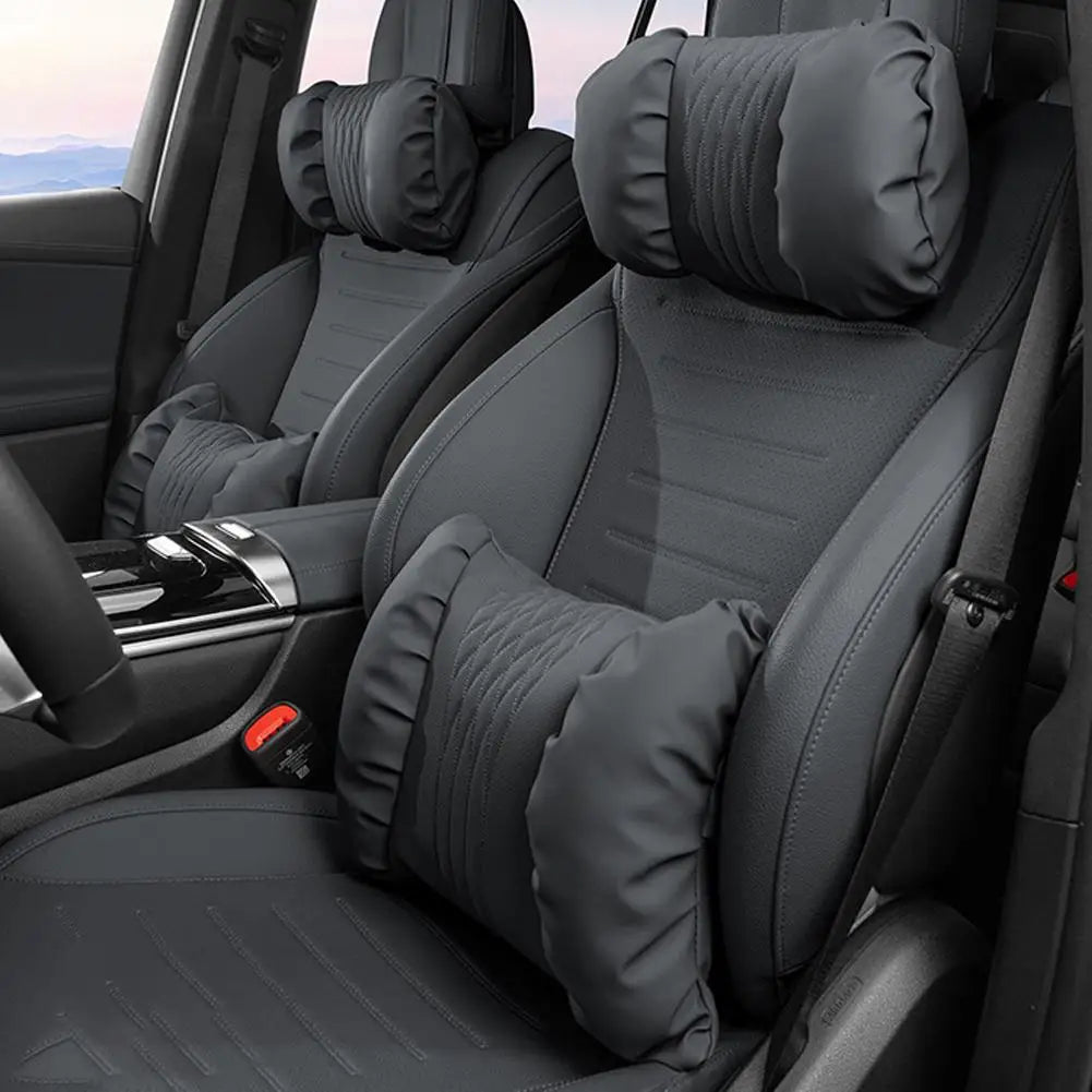 Nappa Leather Car Headrest & Lumbar Support Pillow Set