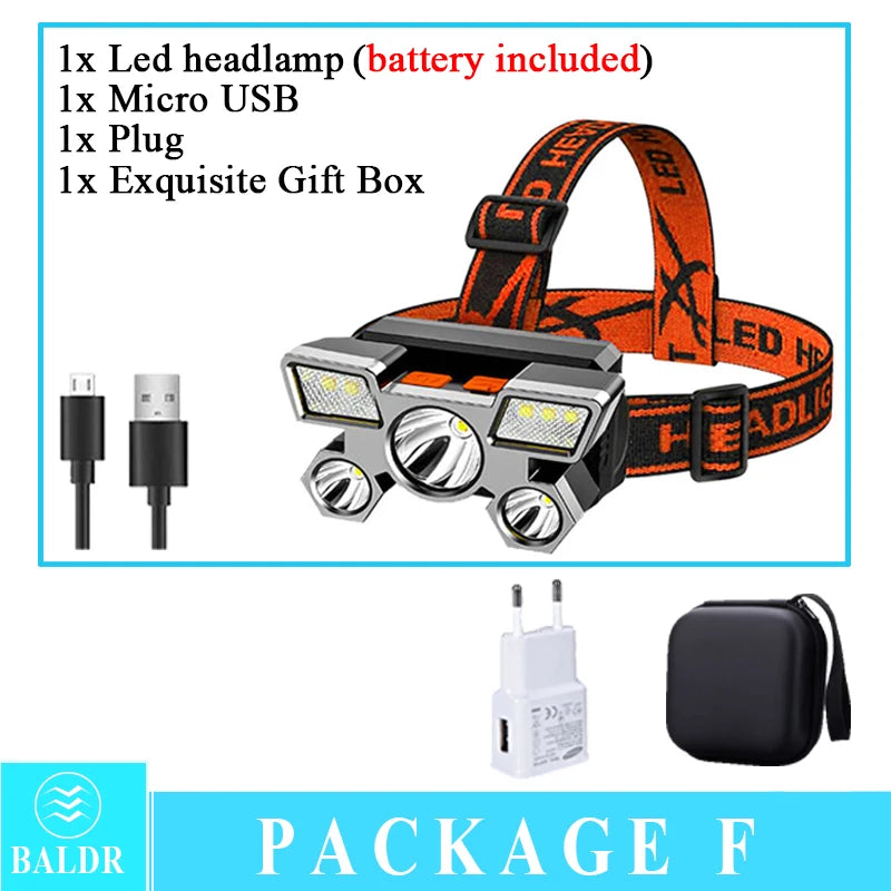 5 LED USB Rechargeable Headlamp 18650 Built in Battery Headlight Portable Head Flashlight Working Light Fishing Camping Lantern Oasis Select headlamp F Built in battery US