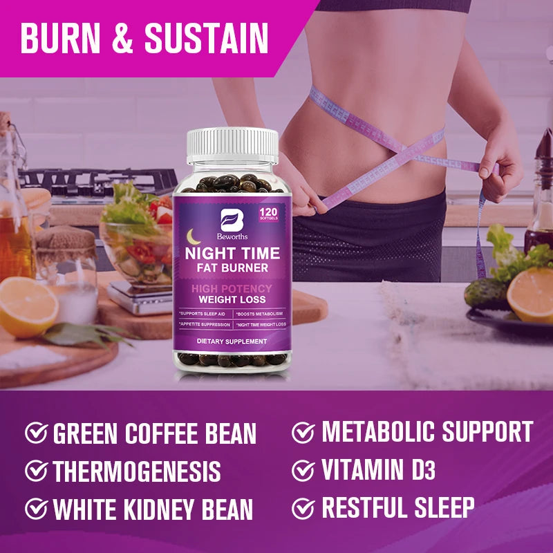 BEWORTHS 120pcs Night Time Fat Burnner Capsule for Women and Men Loss Weight Management Weight Slimming Tool Detox Burning Fat Oasis Select