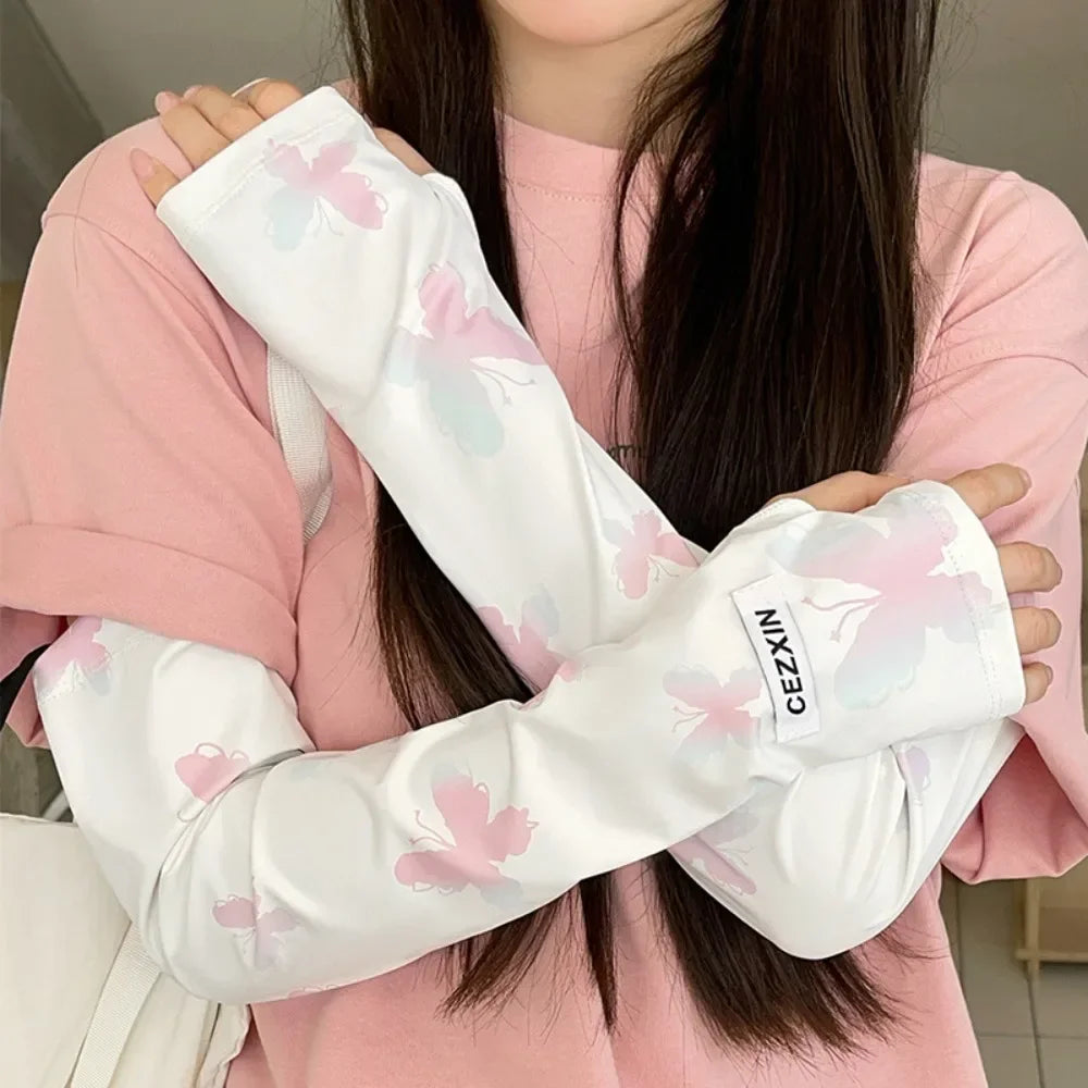1 Pair Lightweight Sun Protection Arm Covers Loose Fit Cool Ice Silk Arm Guard Cuff Polyester Solid Color Ice Sleeve Oasis Select Pink 2
