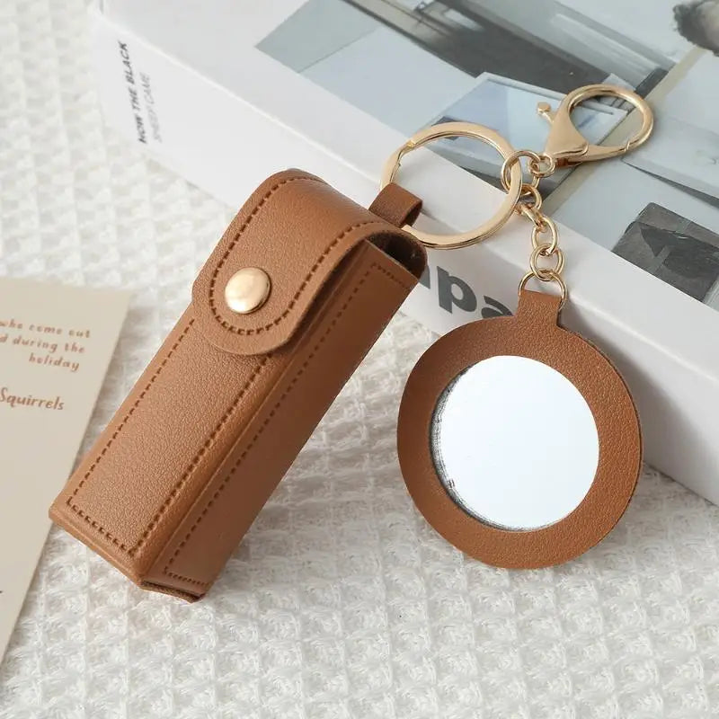 PU Leather Lipstick Holder Keychain with Flower Mirror