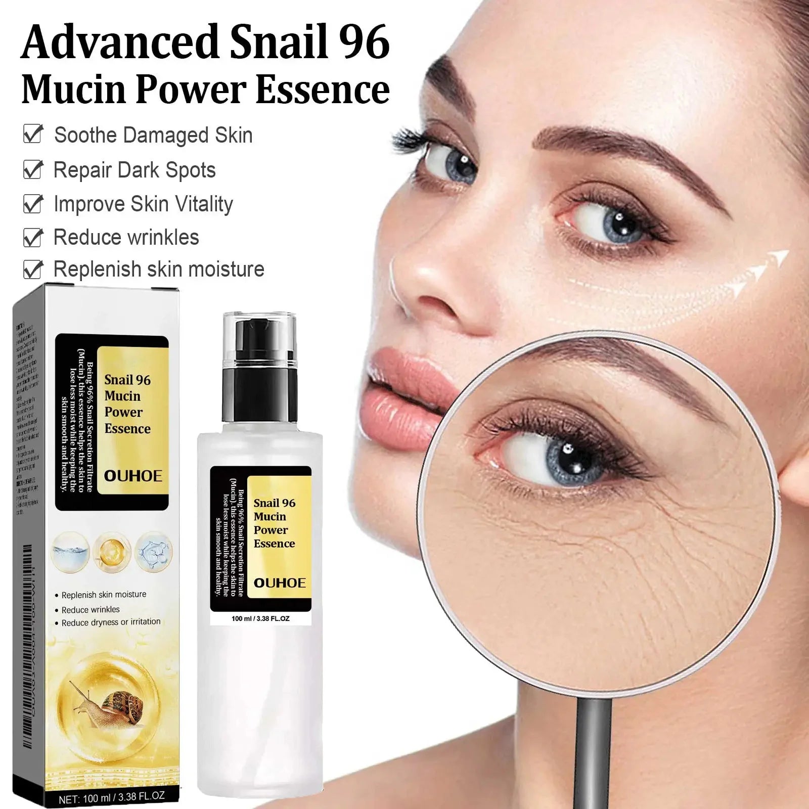 Snail Mucin Peptide Essence,Hyaluronic Acid Skin Repair Serum,Lightens Wrinkles And Dark Spots,Face Moisturizing and Hydrating Oasis Select