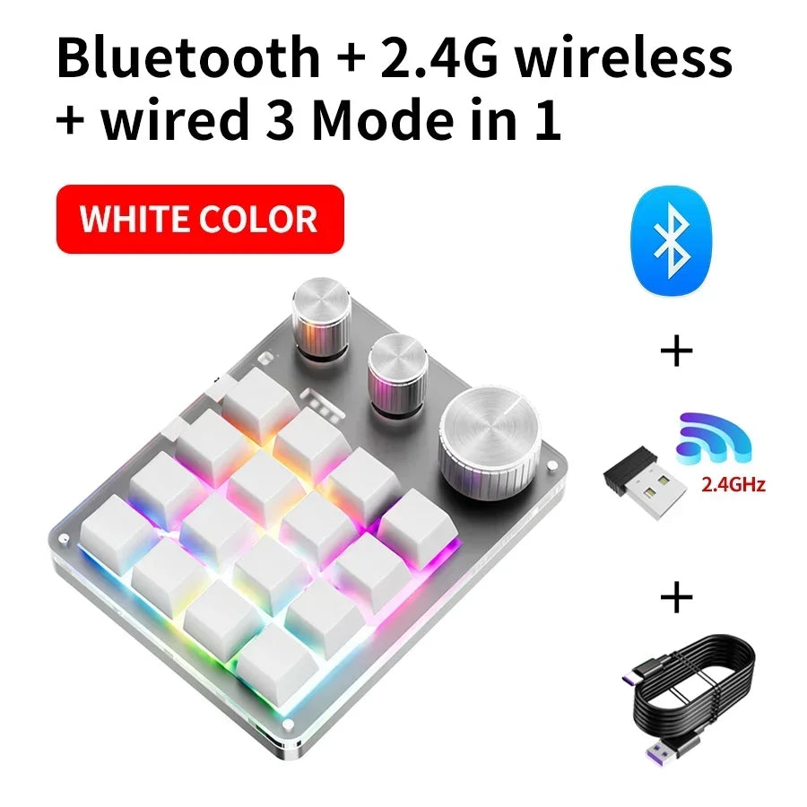 16 Keys 3 Mode Macro Mechanical Keyboard USB RGB Gaming Custom Programming Knob Portable Custom 6Keys 3Knob Switch For Photoshop Oasis Select White BT and 2.4G