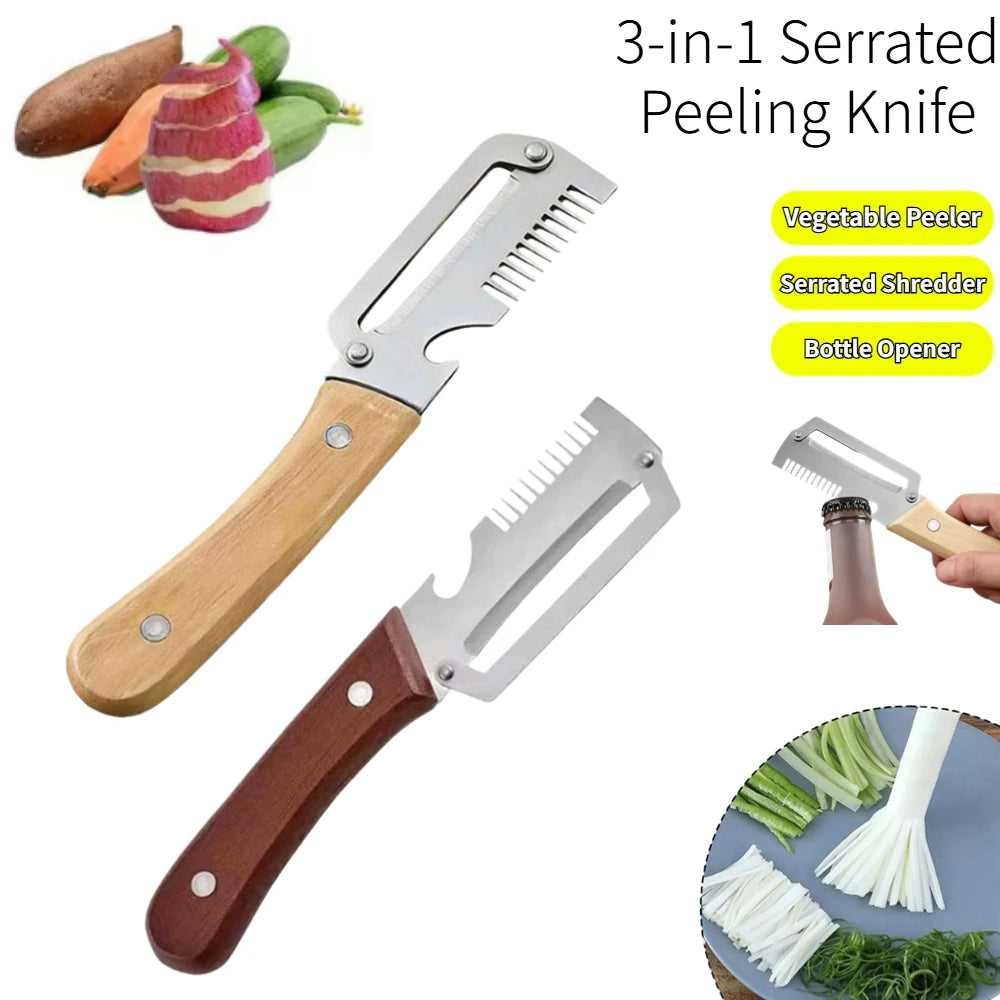 3-in-1 Multifunction Kitchen Peeler, Wooden Handle Stainless Steel Serrated Knife, Vegetable Fruit Peeler Shredder Bottle Opener Oasis Select