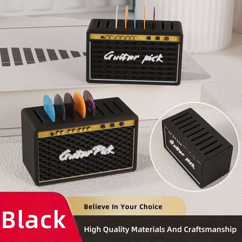2025 New 1pc Guitar Pick Storage Box + 5pcs Picks, Random Color Retro Speaker Design Multi-Compartment Organizer Oasis Select
