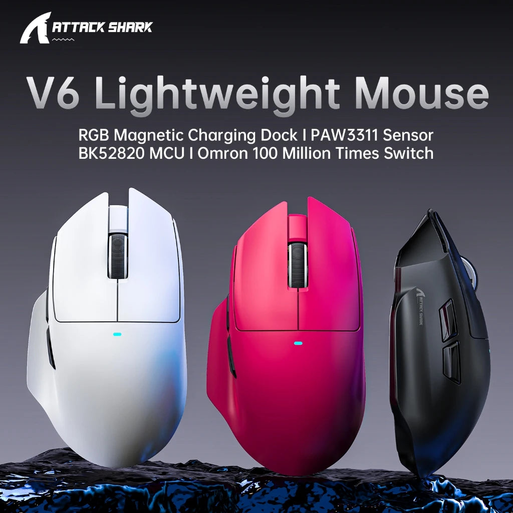 Attack Shark V6 Tri-Mode Gaming Mouse Wireless, 65g UltraLight, PAW3311 Sensor, RGB Magnetic Charging Dock,1000Hz 500mAh Battery Oasis Select