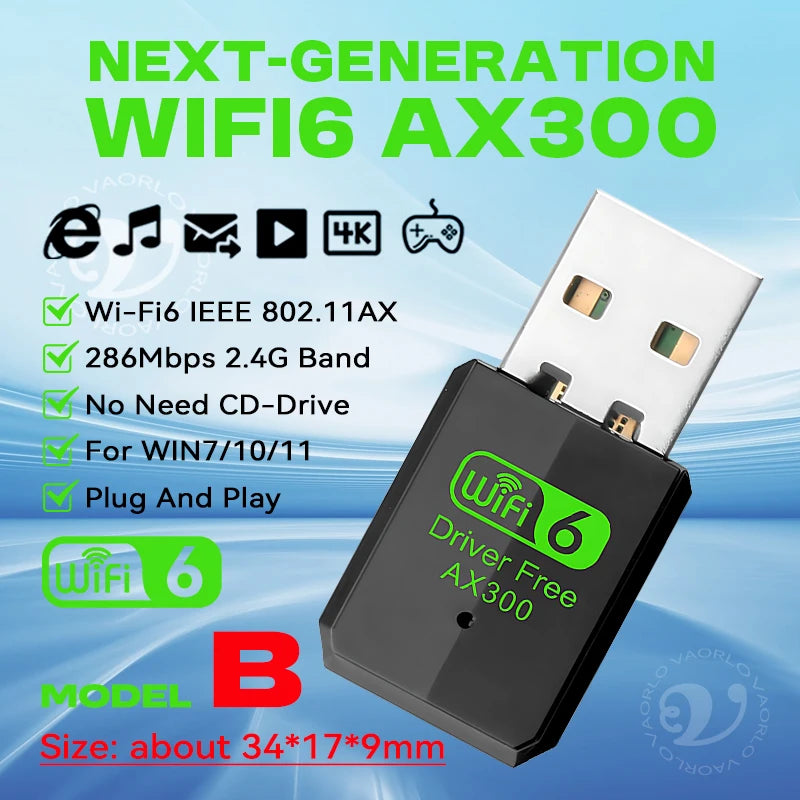 WiFi6 USB Wireless Network Card 2.4G High-Speed AX300 Drive Free Mini WI-FI Adapter Receiver Dongle WLAN 286Mbps For Win 7/10/11 Oasis Select Model B 1PCS