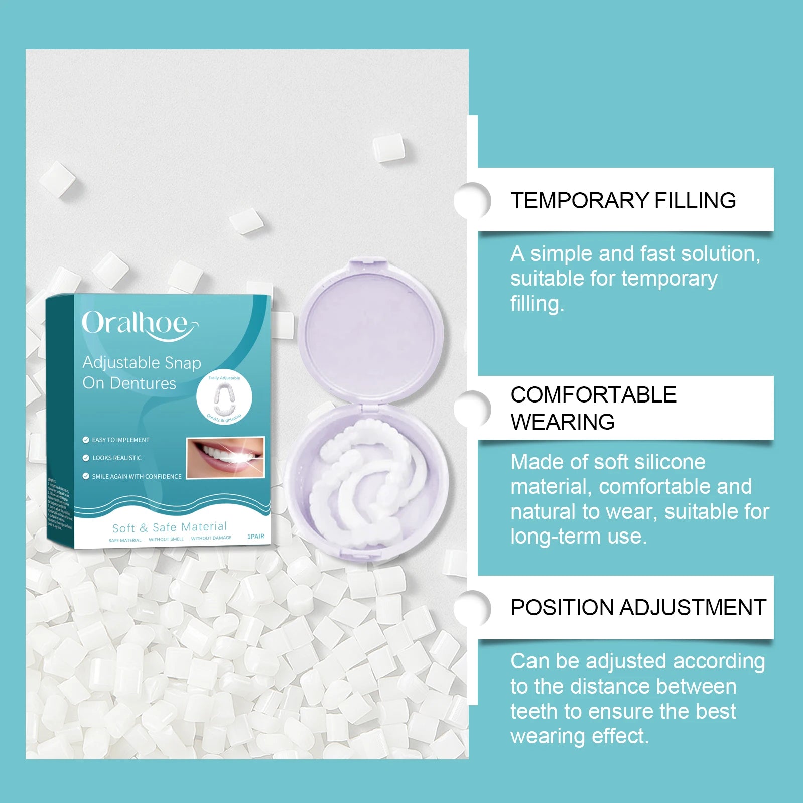 Adjustable Snap-On Dentures - Comfortable & Natural Temporary Tooth Filling Kit, Teeth Gap Correction Set Oasis Select