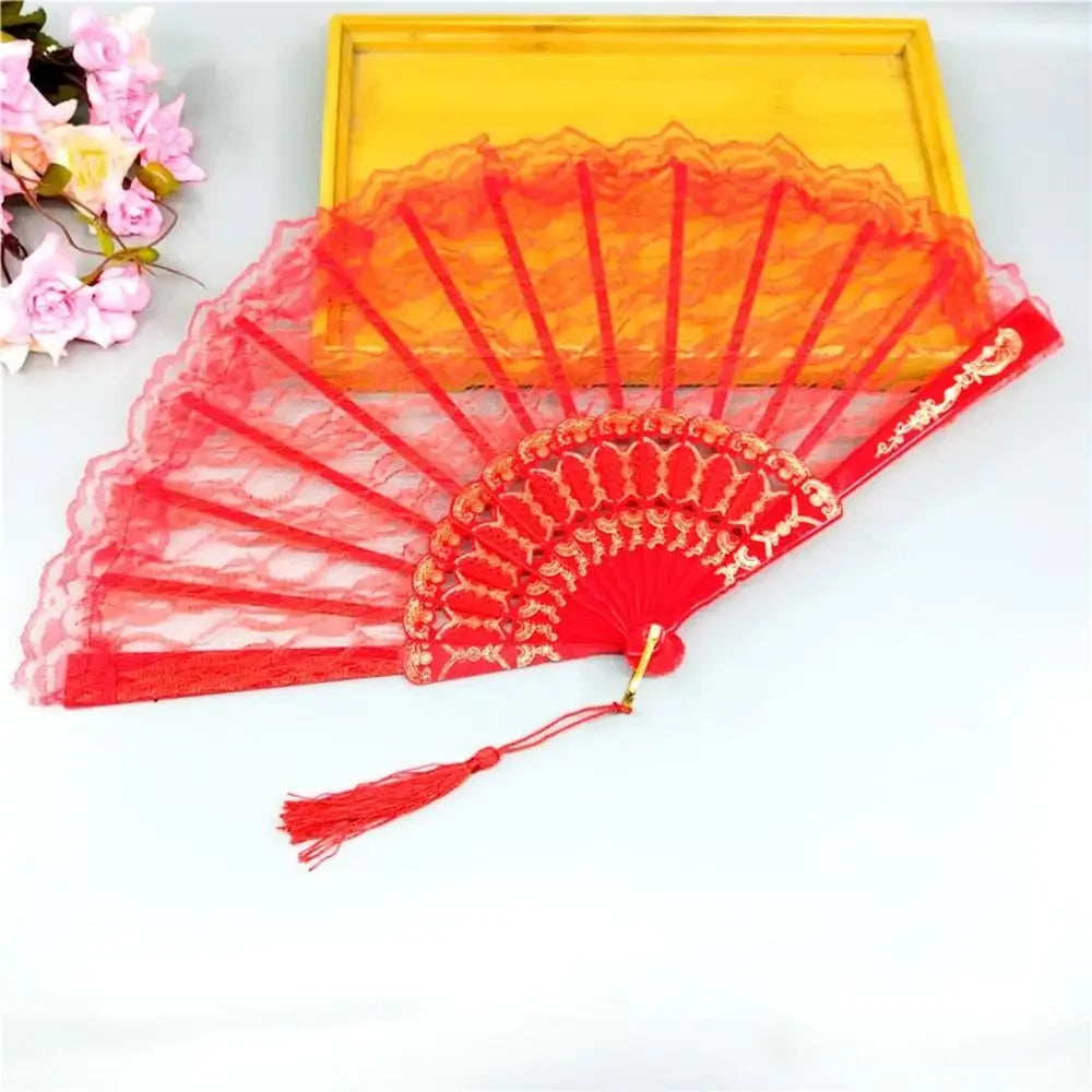 23 Colors Lace OR Cloth Spanish Fabric Silk Folding Hand Held Dance Fan Flower Party Wedding Prom Dancing Summer Fan Accessories Oasis Select Red B