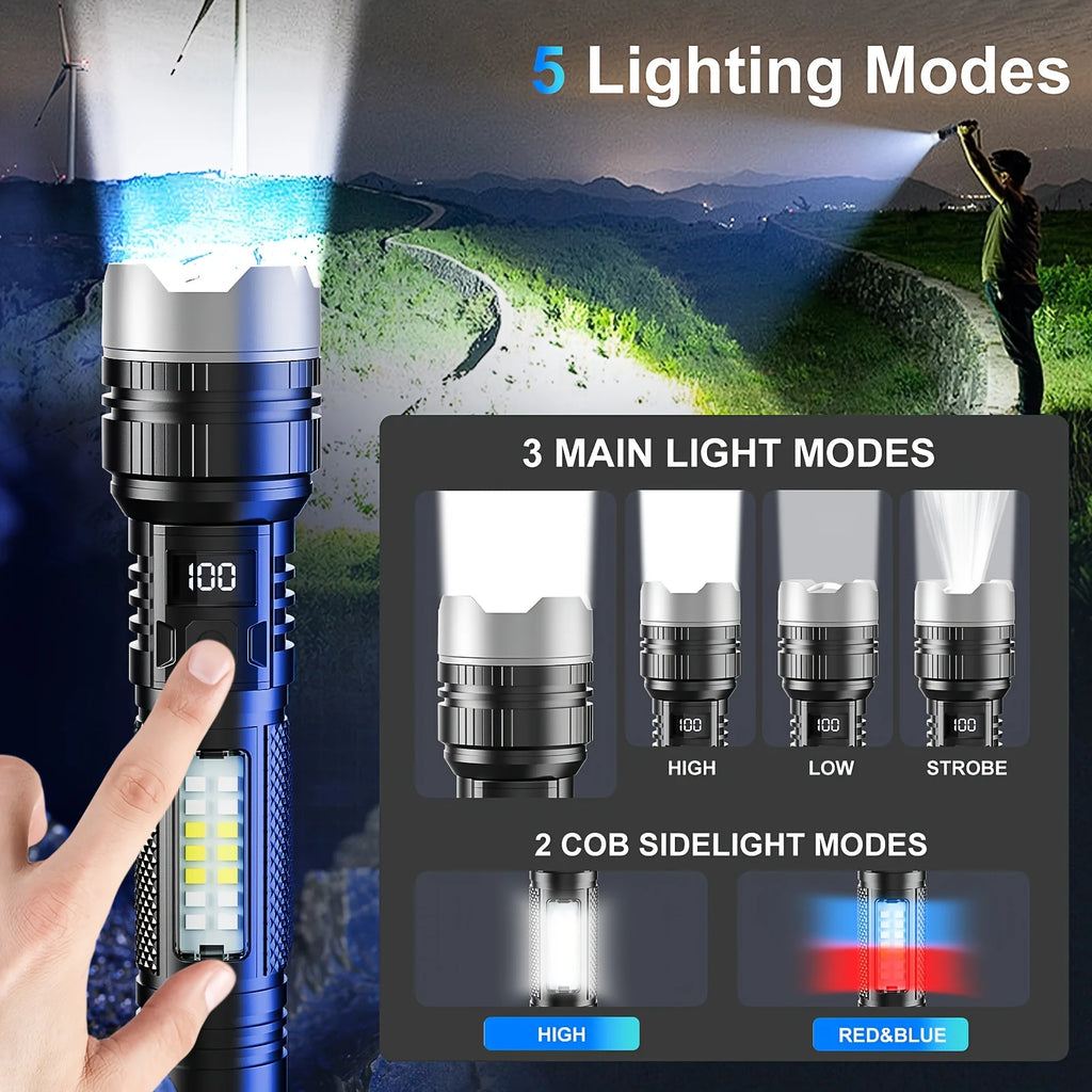 Super Bright LED Flashlight 5 Lighting Modes USB Rechargeable Flashlights Telescopic Zoom Torch with Red/Blue COB Side Lights Oasis Select