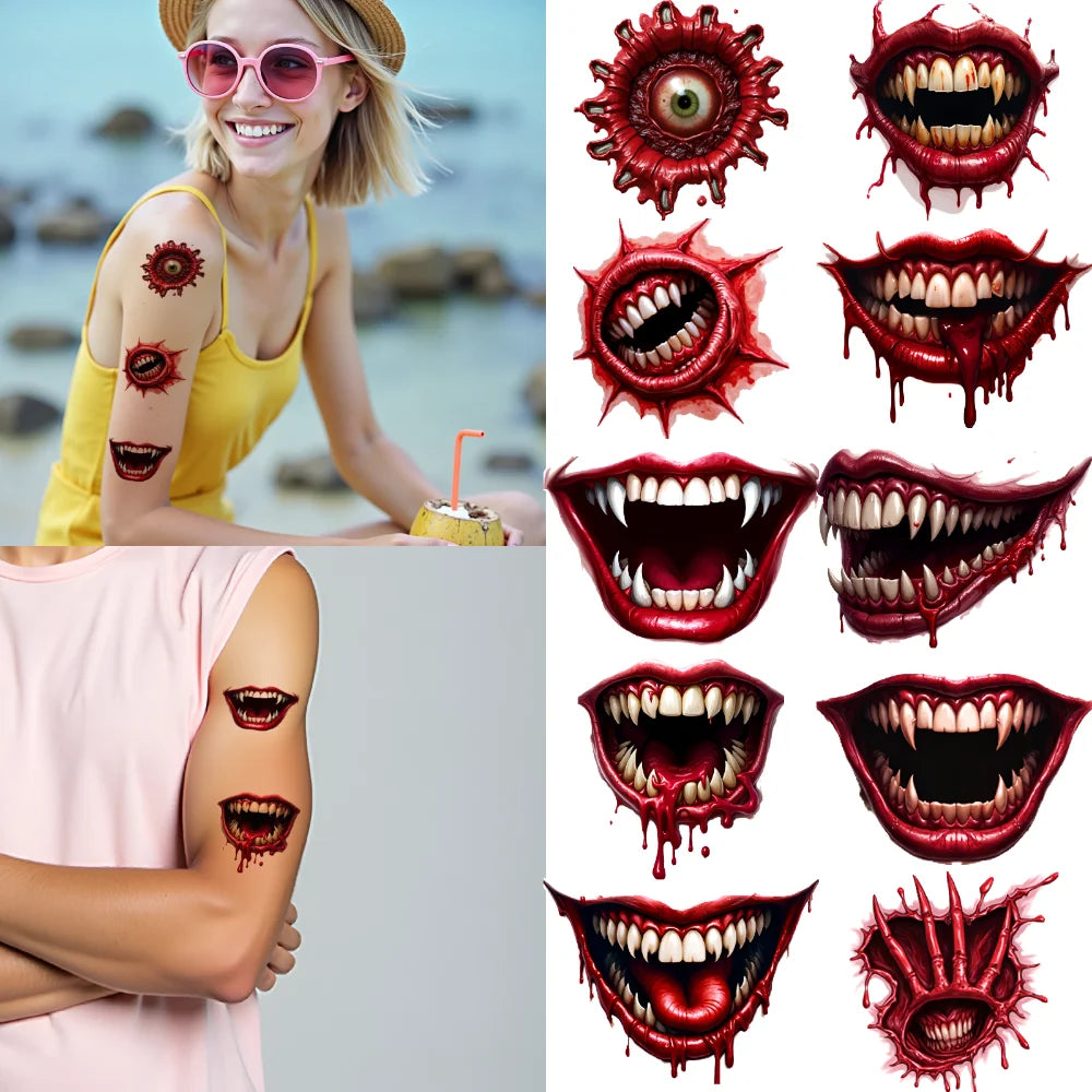 9-Pack Halloween Temporary Tattoo Stickers – Fanged Mouth & Lips