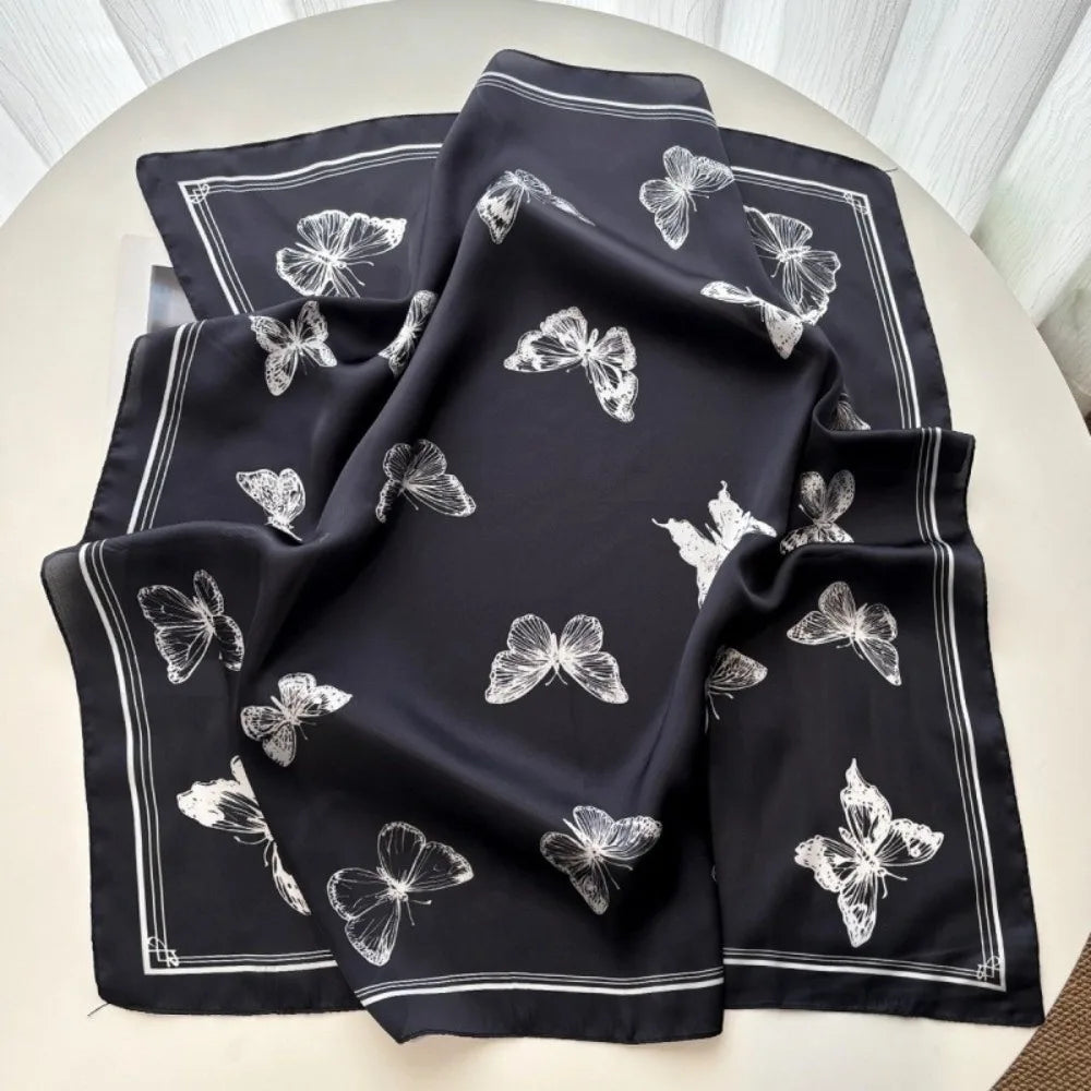 Versatile Elegant Women Scarf Square Shape Silk Imitation Neckerchief Butterfly Print Bandana Women Accessories Oasis Select Black