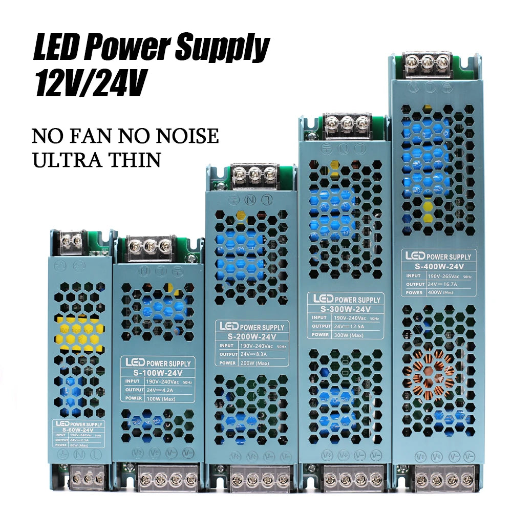 DC 12V 24V LED Power Supply AC190-240V Mute Lighting Transformers 60W 100W 200W 300W 400W LED Light Driver Power Adapter Oasis Select 24v 100W