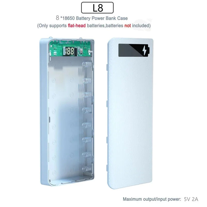 8/10*18650 Power Bank Battery Box Holder Portable Dual USB Type C Charge Shell for iPhone Xiaomi Huawei 18650 Battery Cases Oasis Select 8 Slot White