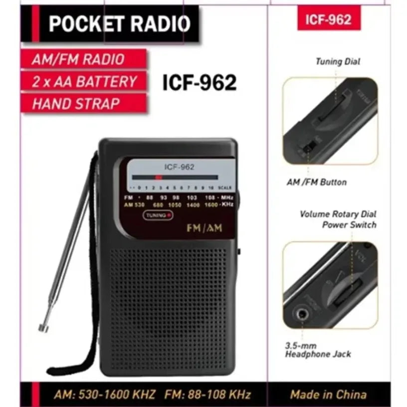 Outdoor Radio Stereo Radio ICF-962 AM/FM Pocket Pointer Radio 2 x AA Battery Operated for Indoor Outdoor Camping Emergency Us Oasis Select