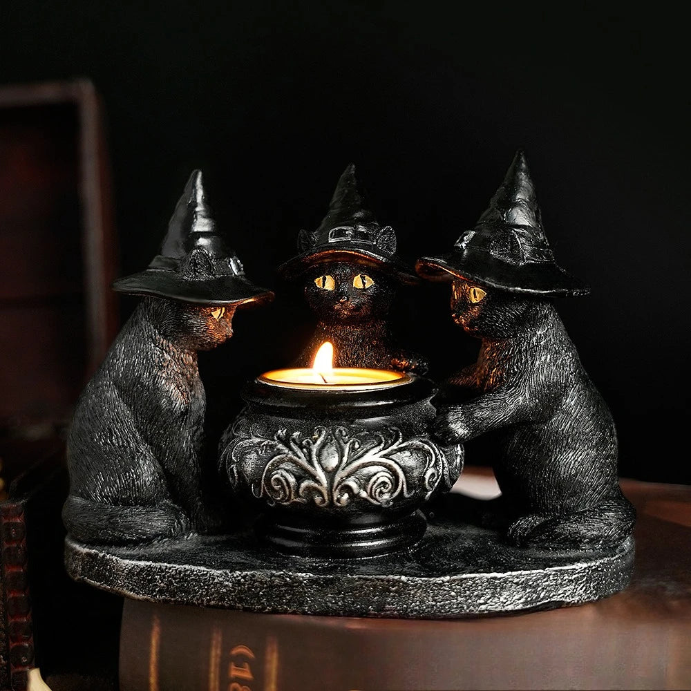 Halloween Wizard Cat Mysterious Dark Style Retro Display Resin Craft Scented Candle Candlestick Oasis Select