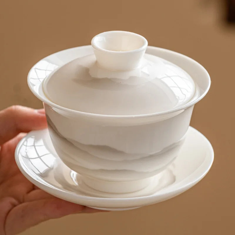 Yangzhi Jade Three-talent Covered Bowl Single High-end Non-scalding Tea Bowl with Lid White Porcelain Kung Fu Tea Set Tea Oasis Select