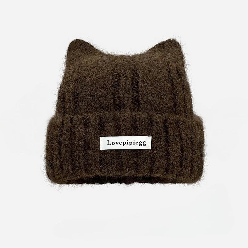Cat Ear Knitted Beanie – Korean Style Winter Hat for Women