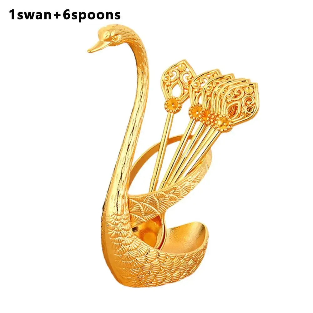 Stainless Steel Creative Dinnerware Set Decorative Swan Base Holder With 6 Spoons For Coffee Tea Cake Dessert Kitchen Supplies Oasis Select Golden