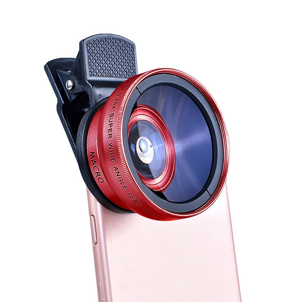2 IN 1 Lens Universal Clip 37mm Mobile Phone Lens Professional 0.45x 49uv Super Wide-Angle + Macro HD Lens For iPhone Android Oasis Select Red