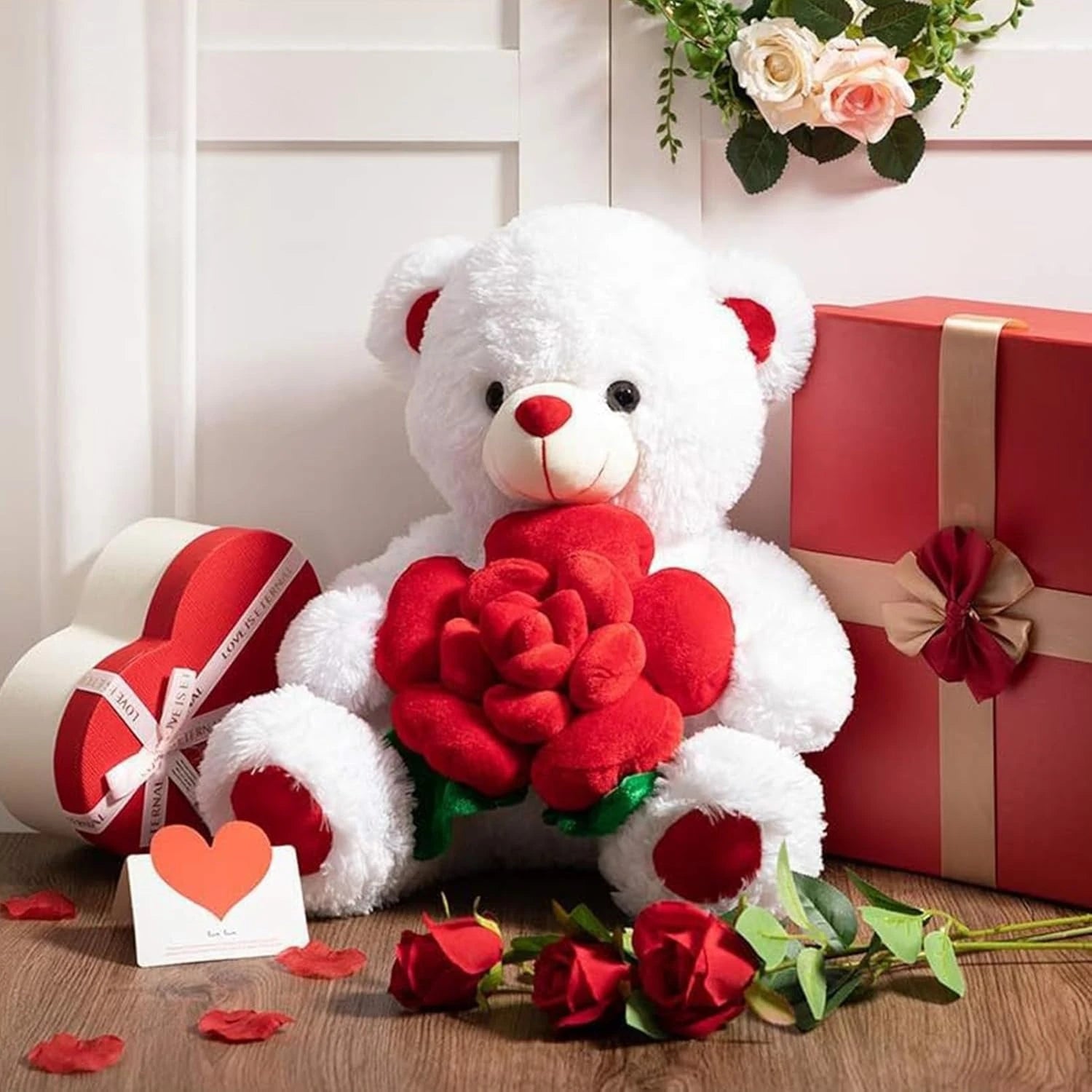 Valentines Day Bear Holding Rose Plush Toy Stuffed Animal Birthday Present for Girlfriend Wife Romantic Keepsake Home Decor Doll Oasis Select