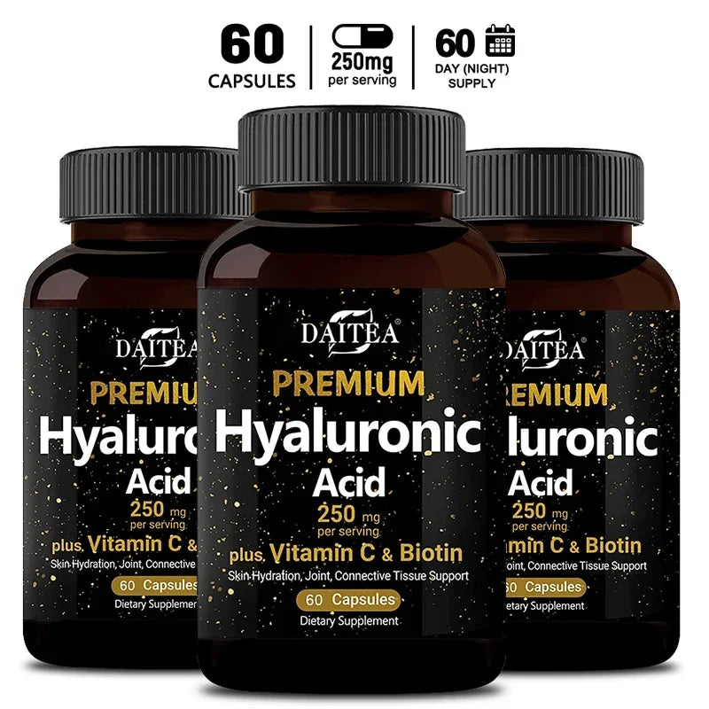 Hyaluronic Acid 250mg + Biotin & Vitamin C – 3-in-1 Capsules Hyaluronic Acid Supplement Oasis Select 60 count-3 bottle