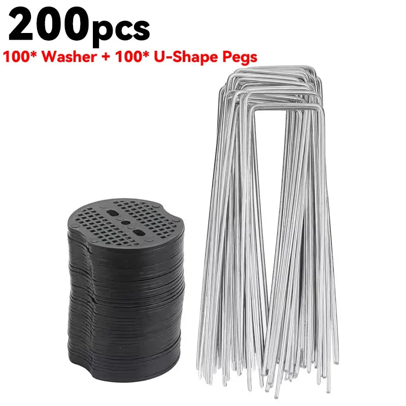 100-200Pcs U-shaped Ground Pegs with Buffer Washers Garden Pegs for Securing Weed Landscape Fabric Netting Garden Lawn Accessory Oasis Select 200pcs