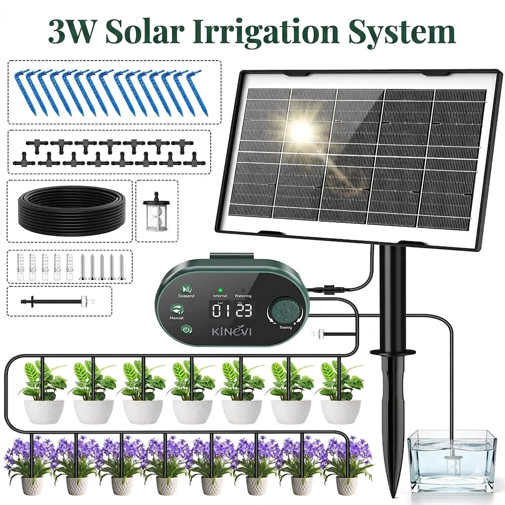 Solar Irrigation System 3W Auto Watering Drip Kit for 15 Pots, with 22 Timer Modes&15 Drip Heads Suitable for Garden Balcony Etc Oasis Select