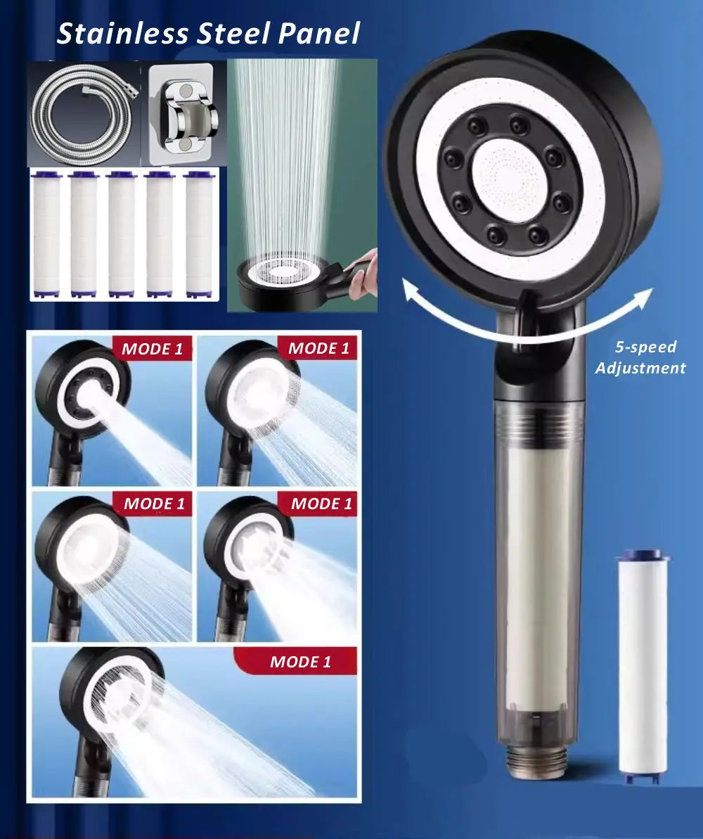 New High Pressure Shower Head Set 5 Jet Modes Adjustable Shower Head with Filter Large Water Flow Spray Bathroom Accessories Oasis Select